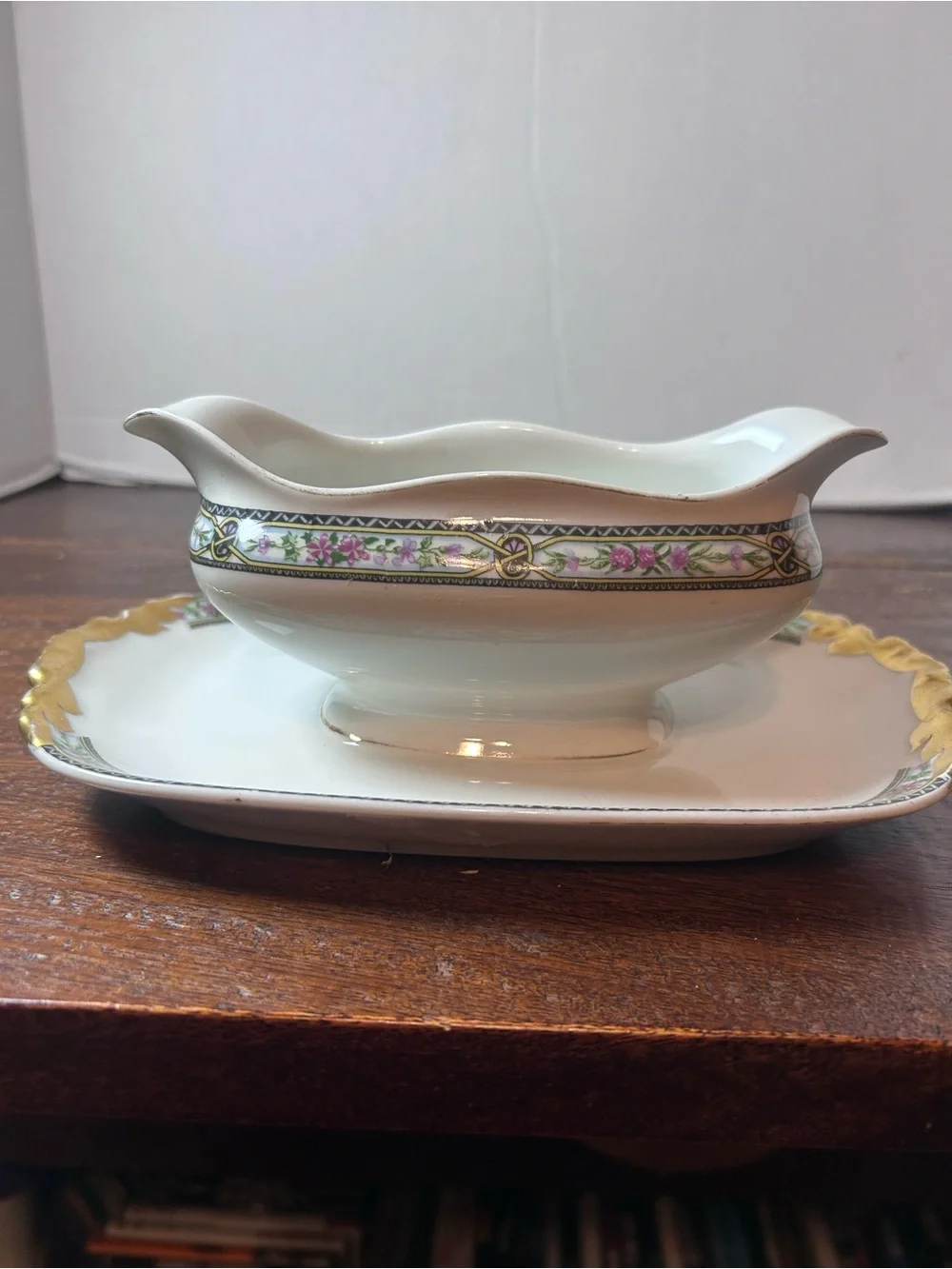 Rare J POUTAT LIMOGE White Porcelain Gravy Boat with Pink Floral Band